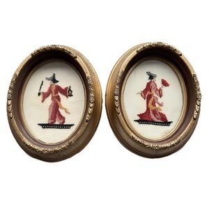 Vintage Gold Framed Embroidery Art Pair